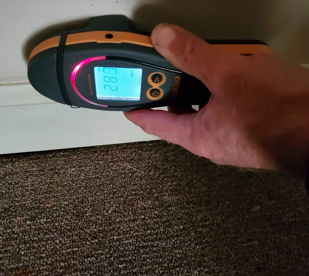 Moisture detection at baseboard during Burst Pipe Cleanup in Alma